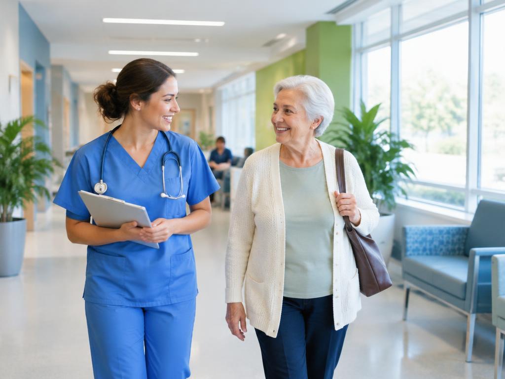 A bright hospital corridor with new LED lighting