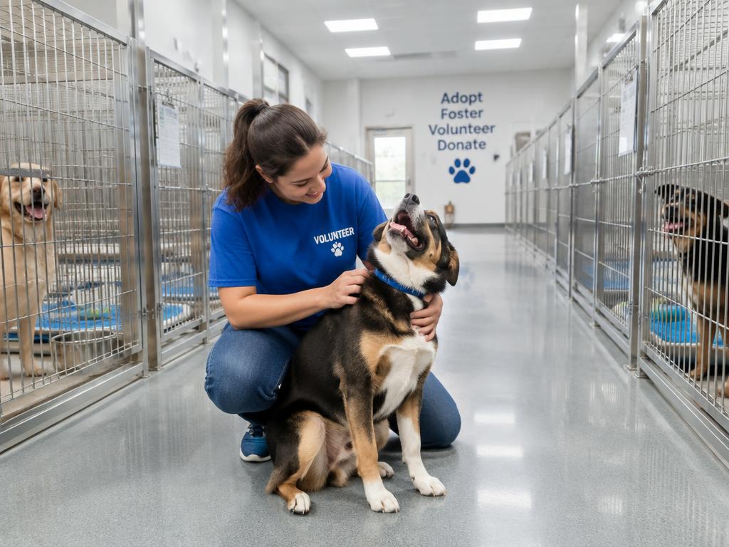 A smiling volunteer kneeling beside a golden retriever in a brightly lit animal shelter room